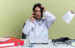 Free photo concerned young female doctor wearing medical robe with stethoscope sits at desk with medical tools speaks putting hand on head on phone isolated on olive green wall