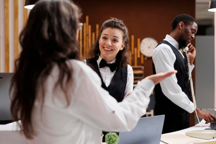 Free Photo concierge assists with checkin at hotel