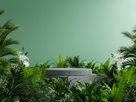 Concrete podium in tropical forest for product presentation and green wall3d rendering