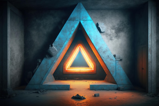Concrete room with triangle portal illuminated by blue and orange neon light Created Using Generative AI