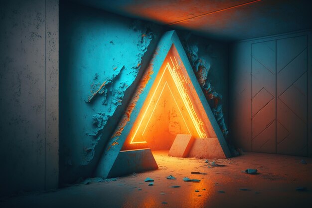 ジェネレーティブ AI を使用して作成された青とオレンジのネオン ライトに照らされた三角形のポータルがあるコンクリートの部屋