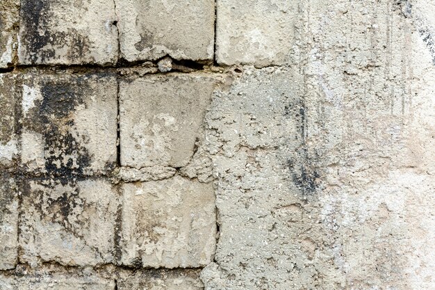 Concrete wall with exposed aged bricks