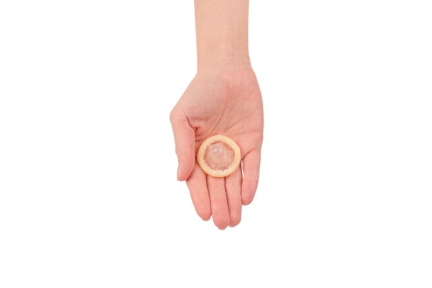 Condom in woman hand isolated on a white background.