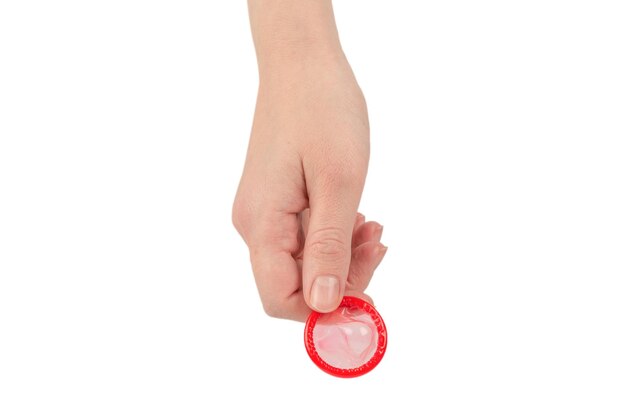Condom in woman hand isolated on a white background.