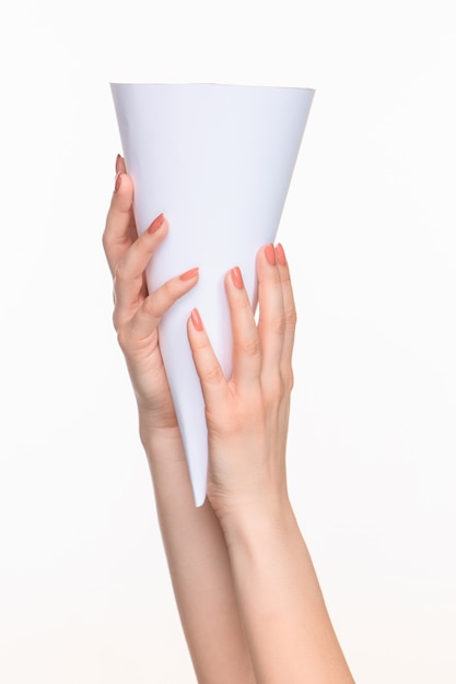 The cone in female hands on white space