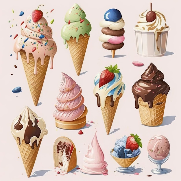 Cone ice cream set isolated on pastel background