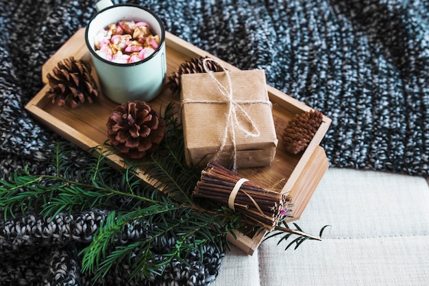 Cones and twig near present and hot chocolate on blanket