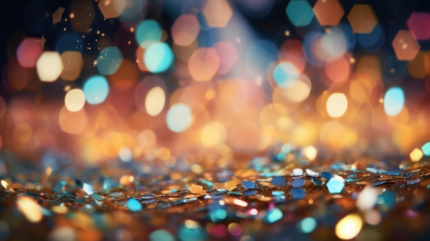 Free photo confetti sparkles as it falls against a backdrop of bokeh lights radiating the celebration's joy with silver and vibrant colors