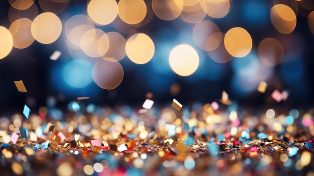 Confetti sparkles as it falls against a backdrop of bokeh lights radiating the celebration's joy with silver and vibrant colors