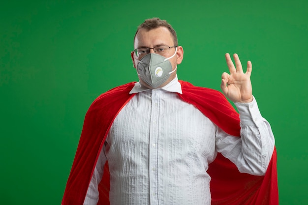 Confident adult slavic superhero man in red cape wearing glasses and protective mask  doing ok sign isolated on green wall with copy space