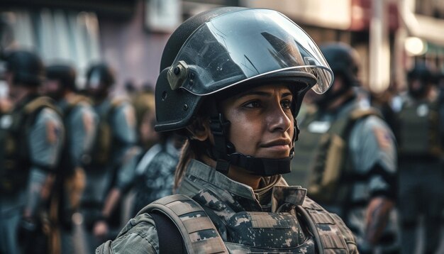 Foto gratuita fiducioso soldato dell'esercito in uniforme con fucile generato dall'ia