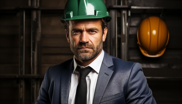 Free photo confident businessman in hardhat looking at camera on construction site generated by artificial intelligence