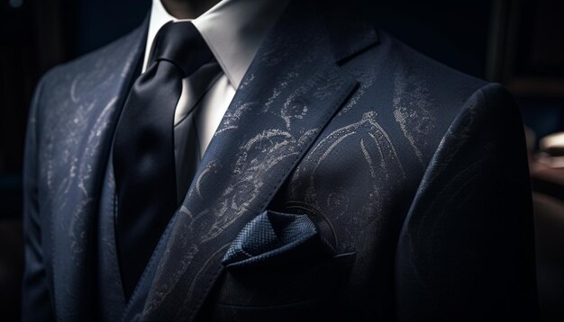 Уверенный в себе бизнесмен в роскошном костюме держит одежду, созданную искусственным интеллектом