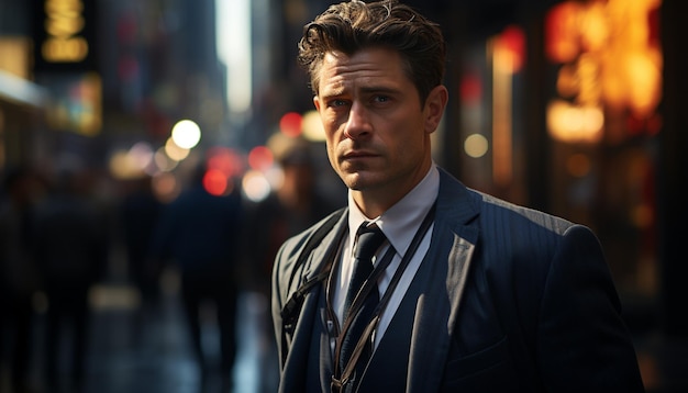 Confident businessman in suit walking through city at night generated by artificial intelligence