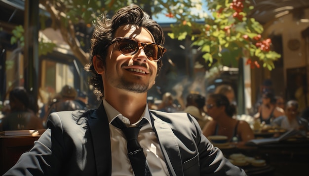 Уверенный бизнесмен в солнцезащитных очках смотрит на камеру на открытом воздухе, созданную искусственным интеллектом.