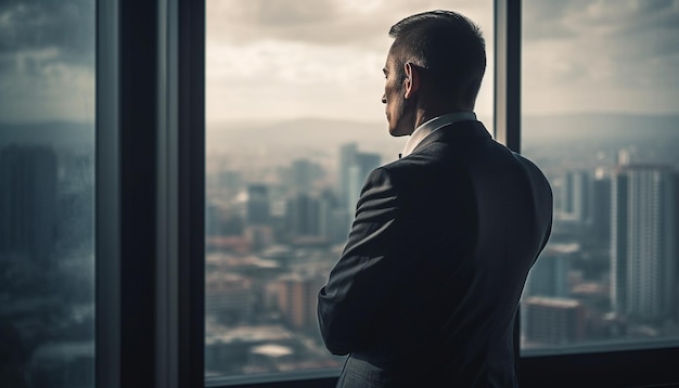 Free photo confident businessman watching city sunset through window generated by ai