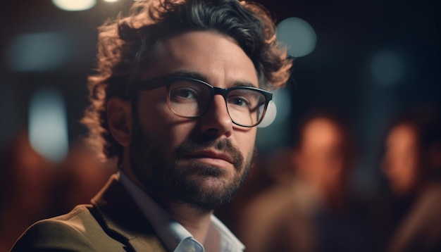 AI によって生成された屋内で働く、ひげと眼鏡をかけた自信に満ちたビジネスマン