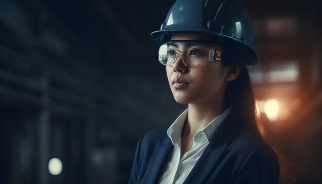 Confident businesswoman in hardhat looking away outdoors generated by AI