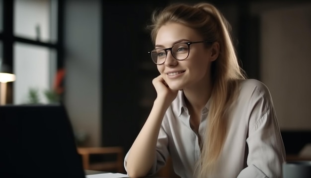 Free photo confident businesswoman smiling at computer in office generated by ai