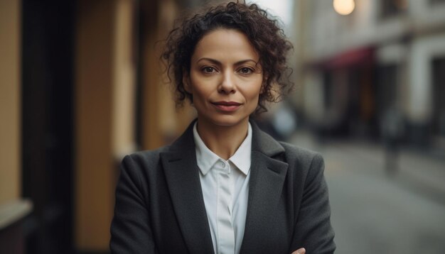 Confident businesswoman smiling in professional portrait outdoors generative AI