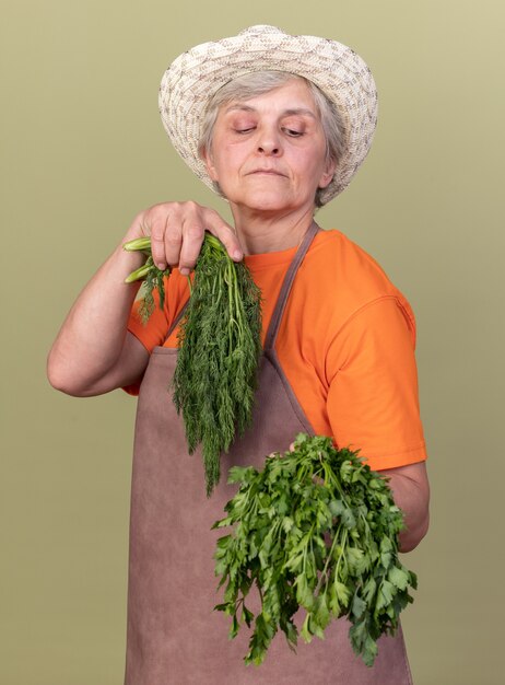 Confident elderly female gardener wearing gardening hat holding bunch of coriander and dill