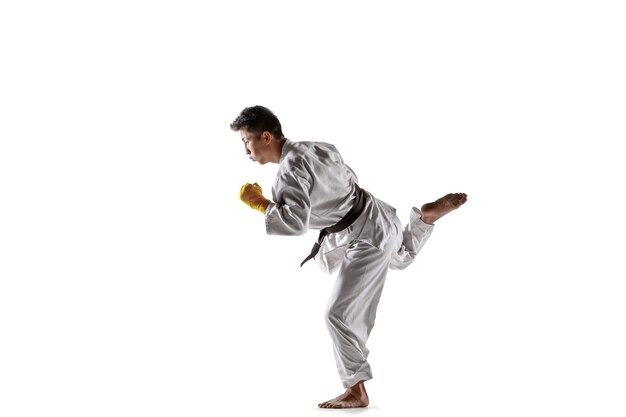 Confident korean man in kimono practicing hand-to-hand combat, martial arts. Young male fighter with black belt training isolated on white studio background. Concept of healthy lifestyle, sport.