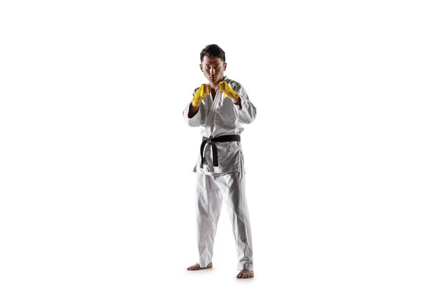 Confident korean man in kimono practicing hand-to-hand combat, martial arts. Young male fighter with black belt training isolated on white wall. Concept of healthy lifestyle, sport.
