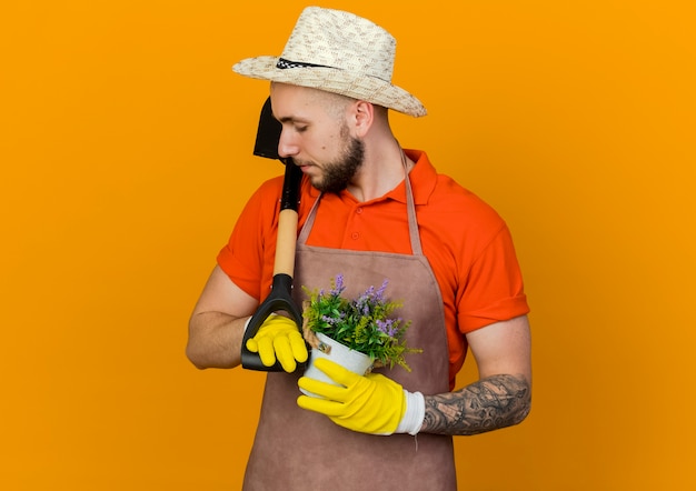 Confident male gardener wearing gardening hat and gloves holds flowers in flowerpot
