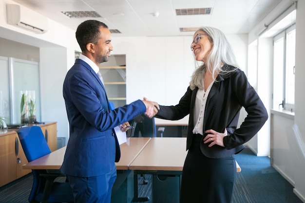 Confident partners handshaking or greeting in meeting room. Successful content businessman and professional grey-haired manager concluding contract. Teamwork, business and partnership concept