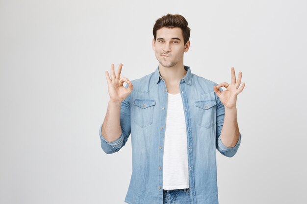 Confident pleased man show okay gesture, approve or guarantee