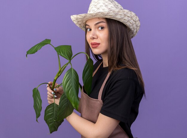 Confident pretty caucasian female gardener wearing gardening hat stands sideways holding plant branch isolated on purple wall with copy space