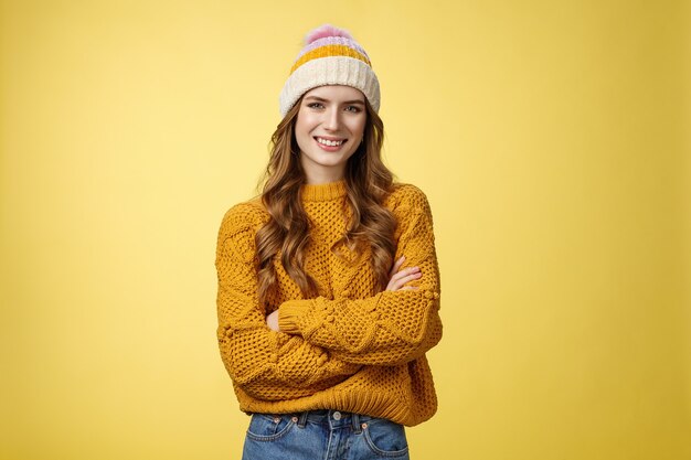 Confident relaxed attractive outgoing caucasian s woman wearing hat stylish sweater cross arms chest...