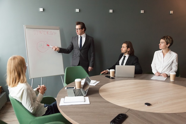 Confident speaker business coach gives presentation to team with flipchart