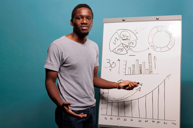 Confident worker using whiteboard to make business presentation, standing in front of camera. Young person promoting financial statistics on placard for economy growth in studio.