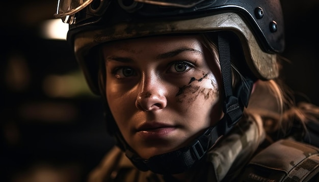 Free photo confident young adult in military helmet outdoors generated by ai