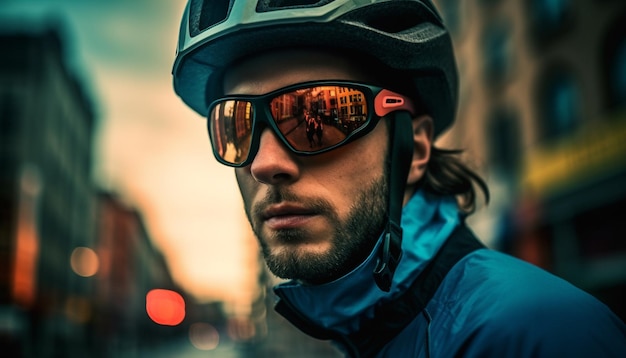 Free photo confident young athlete cycling through city traffic generated by ai