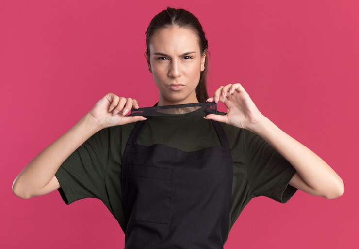 無料Photo 制服を着た自信を持って若いブルネットの理髪師の女の子は櫛を保持します