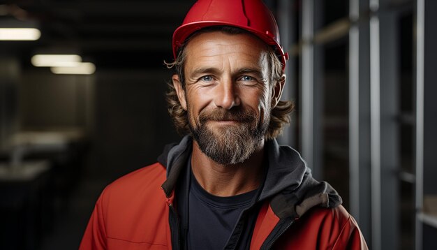 Confident young engineer working outdoors smiling with safety helmet generated by artificial intelligence