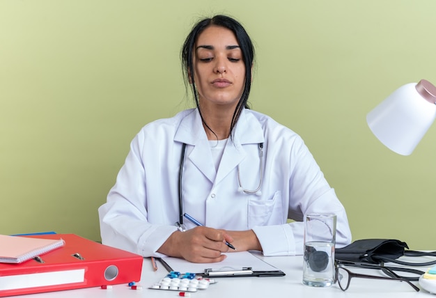 Fiducioso giovane dottoressa che indossa abito medico con stetoscopio si siede alla scrivania con strumenti medici scrivendo qualcosa sugli appunti isolati sul muro verde oliva