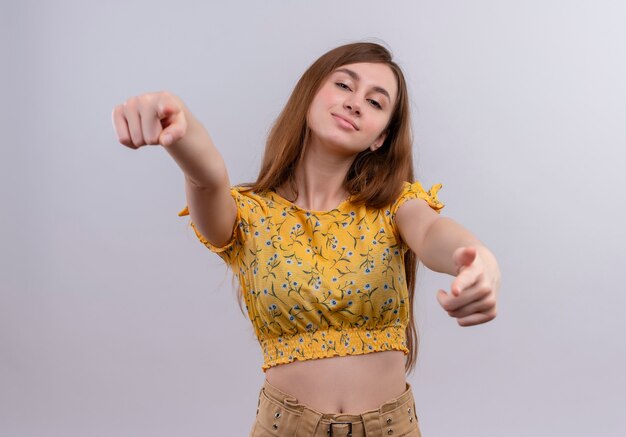 Confident young girl doing you gesture 