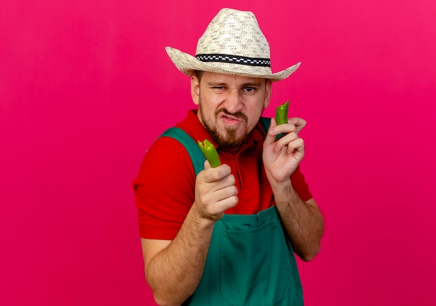 Free photo confident young handsome slavic gardener in uniform and hat holding pepper halves looking