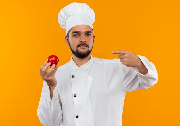 Confident young male cook in chef uniform holding and pointing at tomato isolated on orange wall