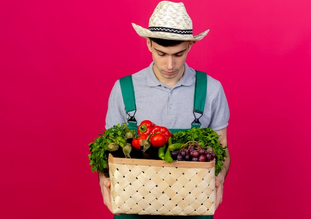 Foto gratuita fiducioso giovane giardiniere maschio che indossa un cappello da giardinaggio tiene e guarda il cesto di verdure