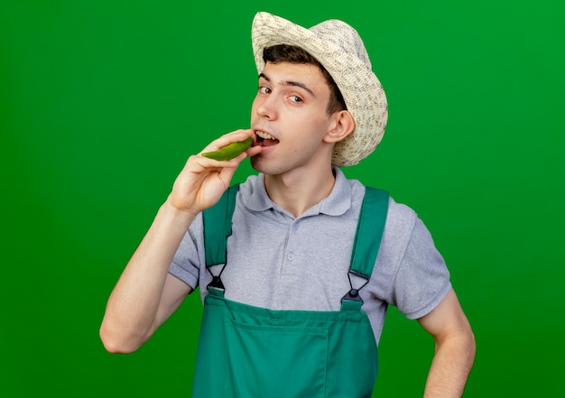 Confident young male gardener wearing gardening hat pretends to bite hot pepper 