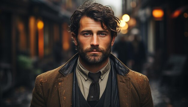 Confident young man in stylish jacket, looking at camera outdoors generated by AI