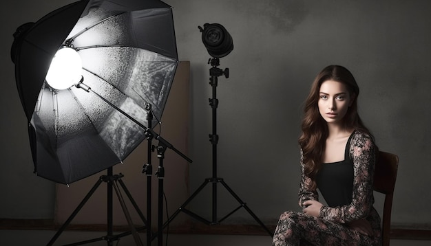 Free photo confident young model holds camera in spotlight generated by ai