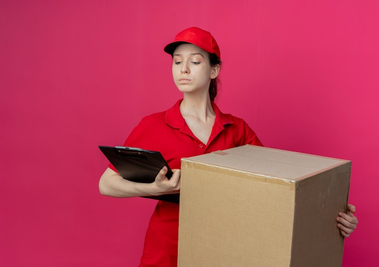 Free Photo confident young pretty delivery girl in red uniform and cap holding carton box and clipboard looking at clipboard isolated on crimson background with copy space