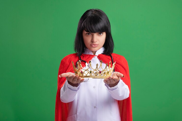 मुफ़्त फोटो confident young superhero girl wearing stethoscope with medical robe and cloak holding crown isolated on green