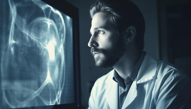 AI가 생성한 의료용 X선 스캔을 검사하는 자신감 있는 젊은 외과의사