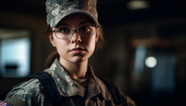 Confident young woman in military uniform standing generated by AI